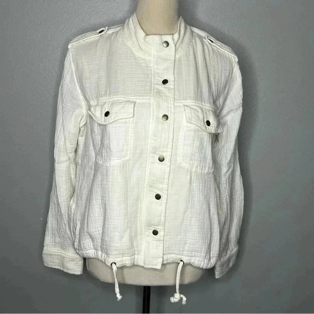 Rails Jacket Snap Women Medium Ivory Yellow Cropped Cinch Waist Organic Cotton